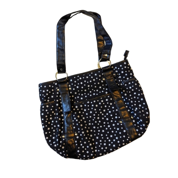 Source Unknown Handbags - Black canvas w/ white stars plenty of pockets zippered tote EUC
